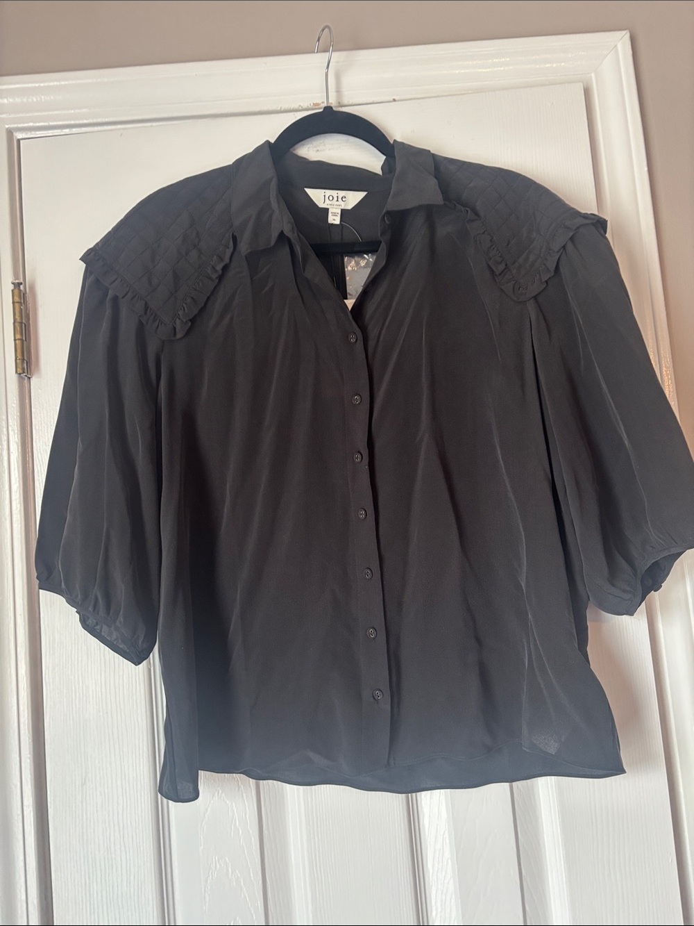 Joie Black Quilted-Shoulder Button-Down Blouse
